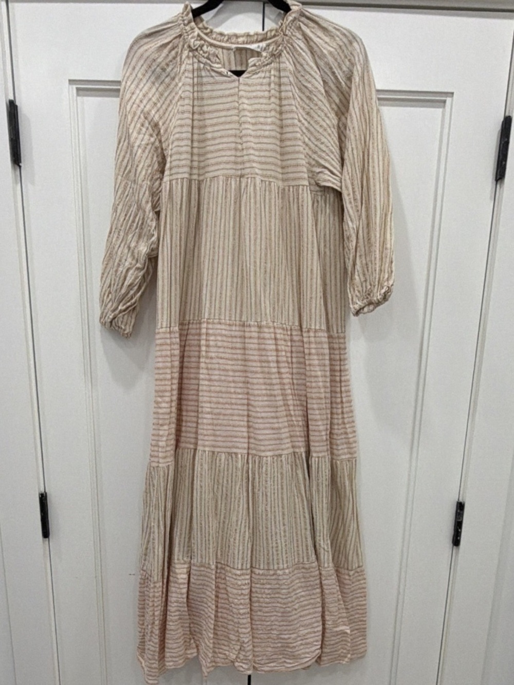 MNG Women's Midi Dress S Beige Pink Striped Puff 3/4 Sleeve Button Ruffle